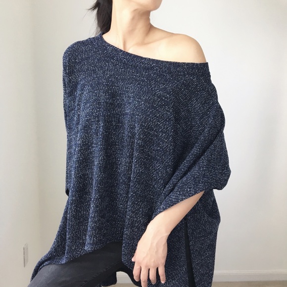 KNITTED DARK BLUE PONCHO CAPE TOP - DARK BLUE - Picture 5 of 8